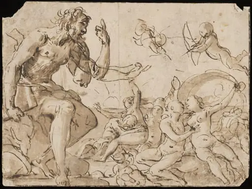 Sea-nymphs playing with tritons and a man; on the left a semi-draped giant, holding a book or stone, seated on a rock; possibly Polyphemus with Acis and Galatea, by Giovanni Baglione