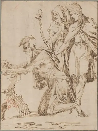 Kneeling Hermit and Two Draped Figures Contemplating a Skull, by Giovanni Bandini