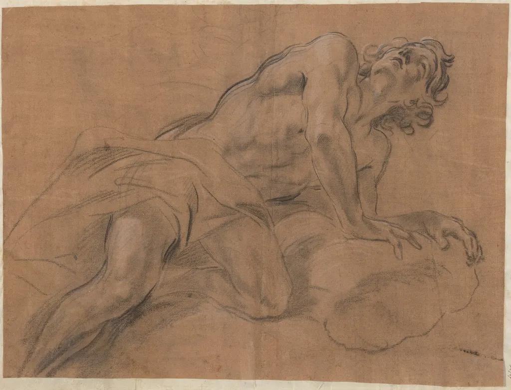 Nude Youth Leaning on a Cloud and Gazing Upward, by Giovanni Battista Beinaschi, chalk, 1675