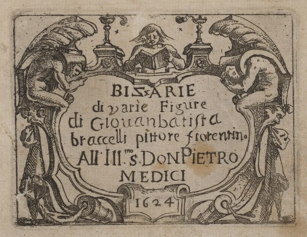 Title Page for "Bizzarie di varie Figure", by Giovanni Battista Bracelli, ink, 1624