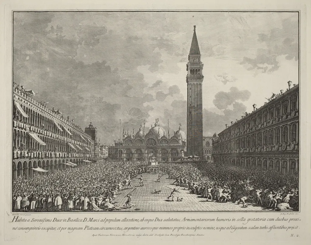 The Doge Carried around the Piazza San Marco, by Giovanni Battista Brustolon, ink, 1764