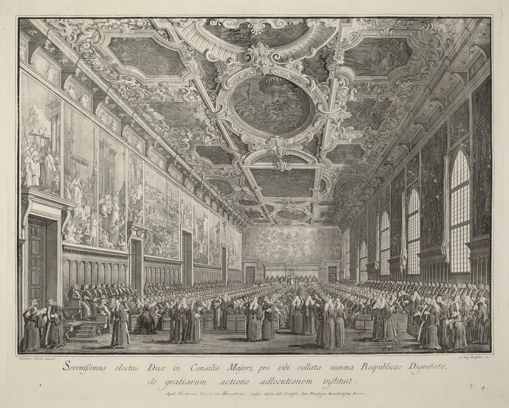 The Doge Returns Thanks in the Sala del Consiglio Maggior, by Giovanni Battista Brustolon, ink, 1764