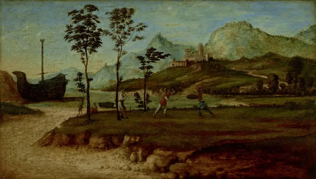 Coastal Landscape with two Men Fighting, by Giovanni Battista Cima da Conegliano