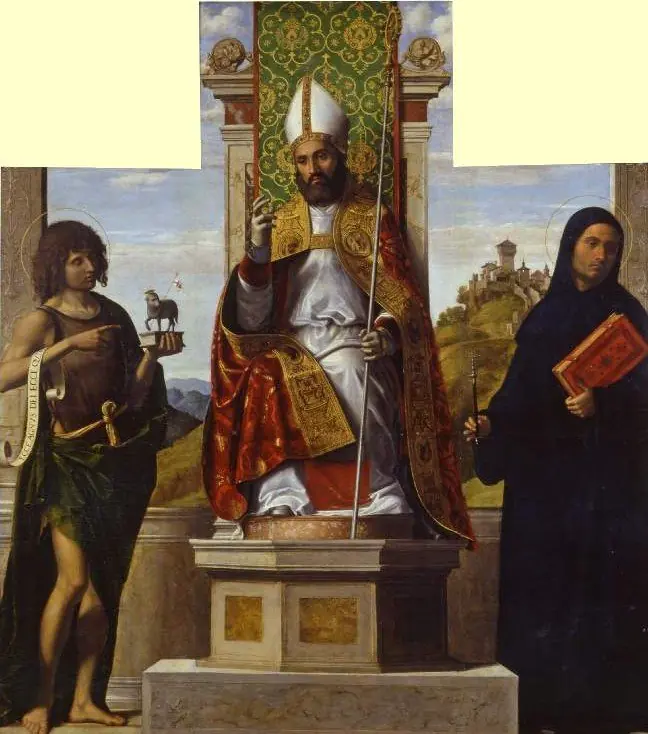 Saint Lanfranc Enthroned Between Saints John the Baptist and Liberius, by Giovanni Battista Cima da Conegliano
