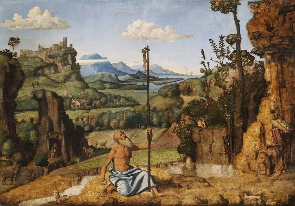 The Penitent St Jerome in the Wilderness, by Giovanni Battista Cima da Conegliano, oil, 1498