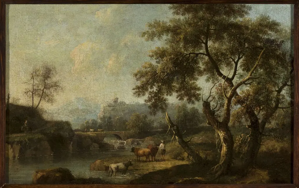Mountain landscape with cattle at the waterhole, by Giovanni Battista Cimaroli