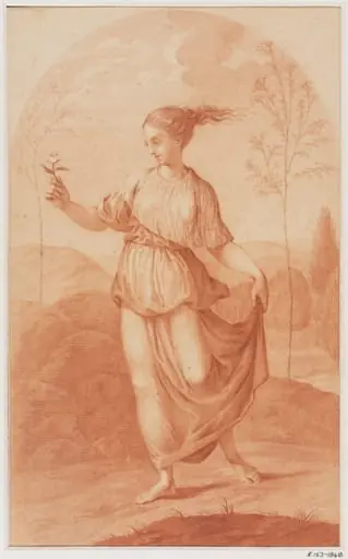 A young woman walking bare-footed in a landscape, carrying a flower in her right hand and raising her skirts from the ground with her left hand., by Giovanni Battista Cipriani