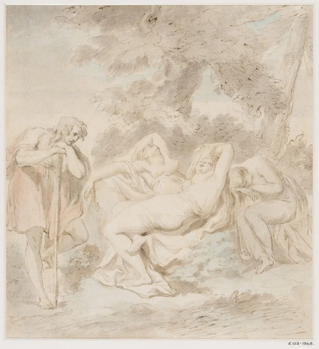 Cymon, Iphigeneia and two female attendants in a landscape., by Giovanni Battista Cipriani
