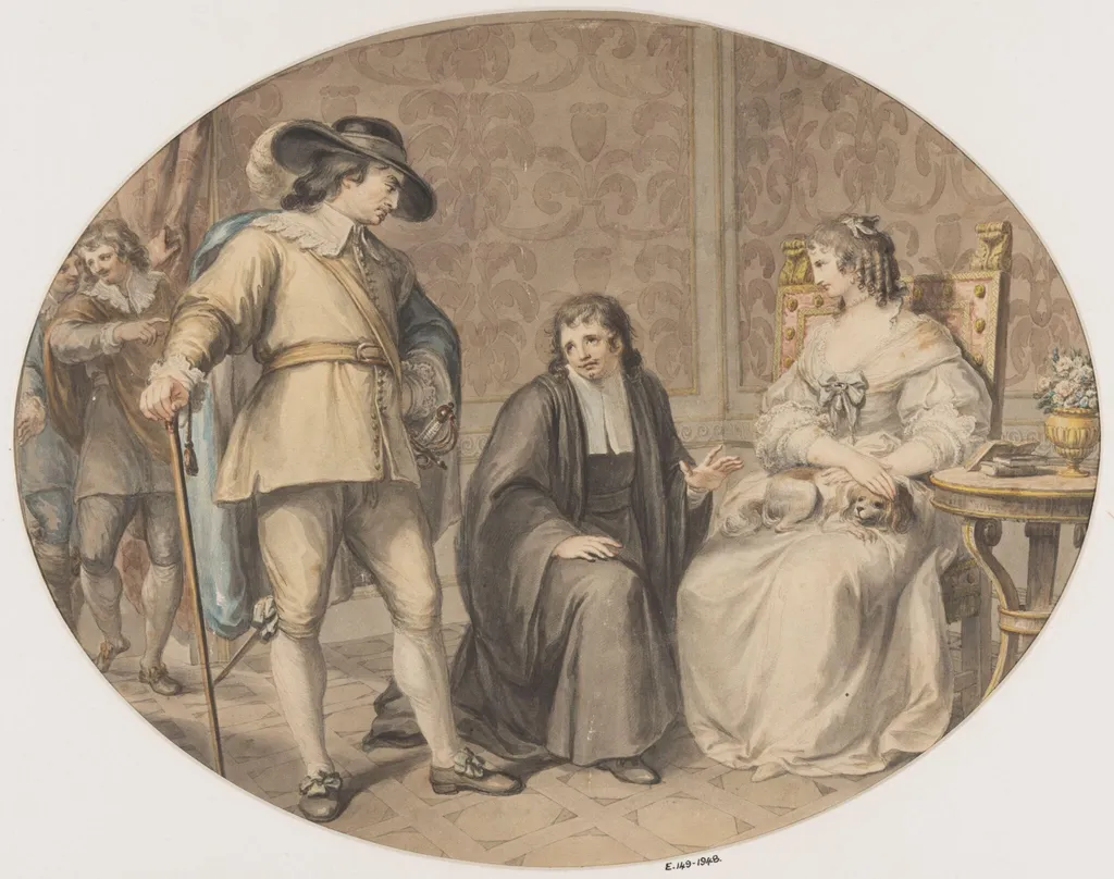 Oliver Cromwell discovering his chaplain, Jeremiah White, on his knees before his youngest daughter, Frances., by Giovanni Battista Cipriani