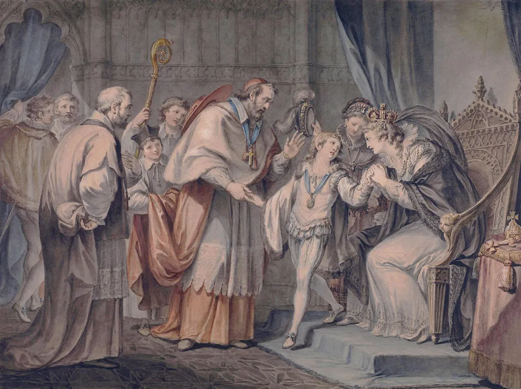 Richard, Duke of York, taking leave of his mother, Elizabeth Woodville, in the Sanctuary, Westminster, by Giovanni Battista Cipriani, watercolor, 1785