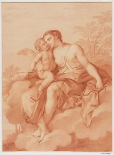 Venus reclining on a cloud, embracing Cupid and holding his bow in her left hand., by Giovanni Battista Cipriani
