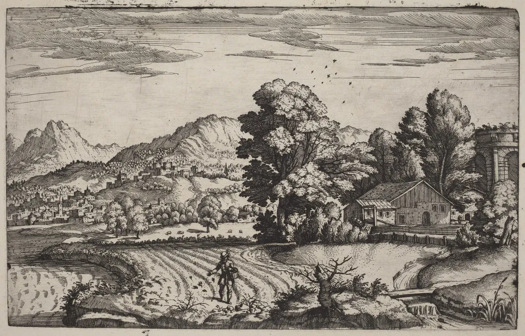 Mountainous Landscape with the Parable of the Sower, by Giovanni Battista Fontana, ink, 1572