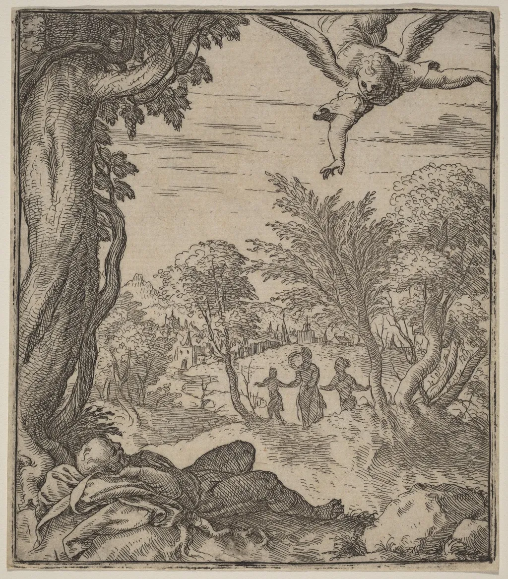 The Angel Appearing to Joseph, by Giovanni Battista Fontana, ink, 1556
