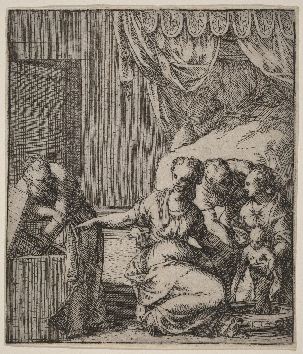 The Birth of the Virgin, by Giovanni Battista Fontana, ink, 1556