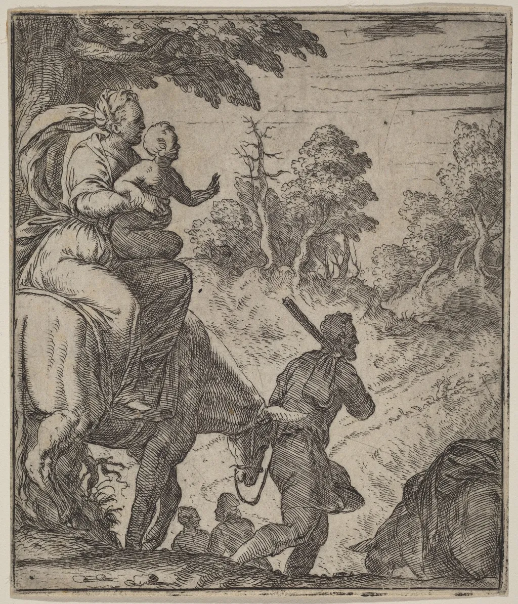 The Flight into Egypt, by Giovanni Battista Fontana, ink, 1556
