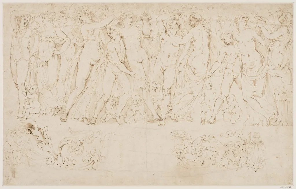 A Bacchic frieze; below, two studies of classical ornament, by Giovanni Battista Franco, 1520