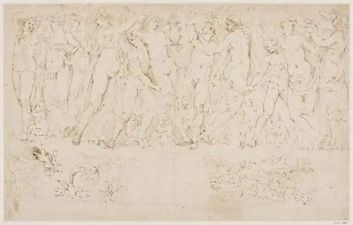 A Bacchic frieze; below, two studies of classical ornament, by Giovanni Battista Franco