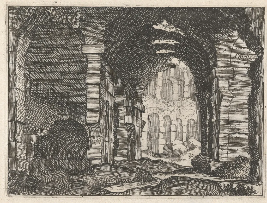 The Ruins of the Colosseum, by Giovanni Battista Mercati, ink, 1629