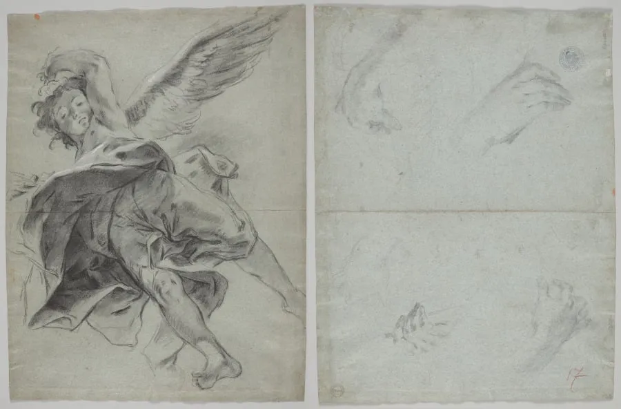 A Flying Angel (recto); Studies of Hands Playing Instruments (verso), by Giovanni Battista Piazzetta, 1725