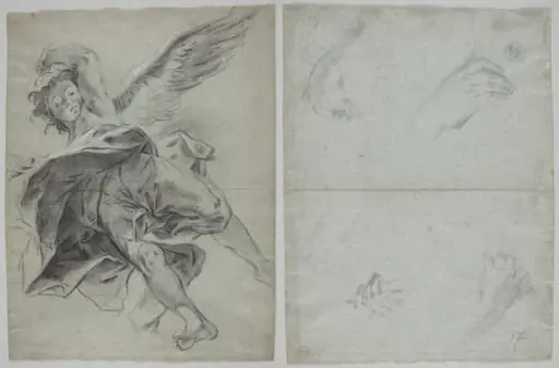 A Flying Angel (recto); Studies of Hands Playing Instruments (verso), by Giovanni Battista Piazzetta