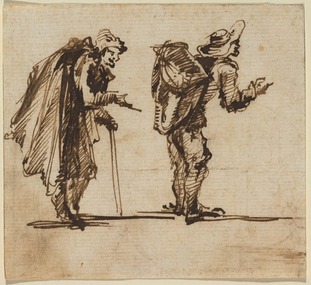 An Old Man with a Cape and a Rustic with a Backpack, by Giovanni Battista Piranesi, ink, 1754