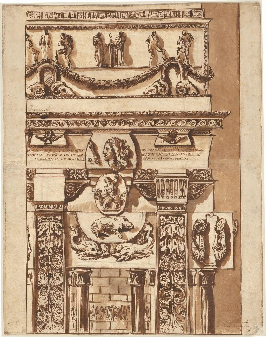Fantasy of a Façade with Bizarre Ornaments, by Giovanni Battista Piranesi, chalk, 1765