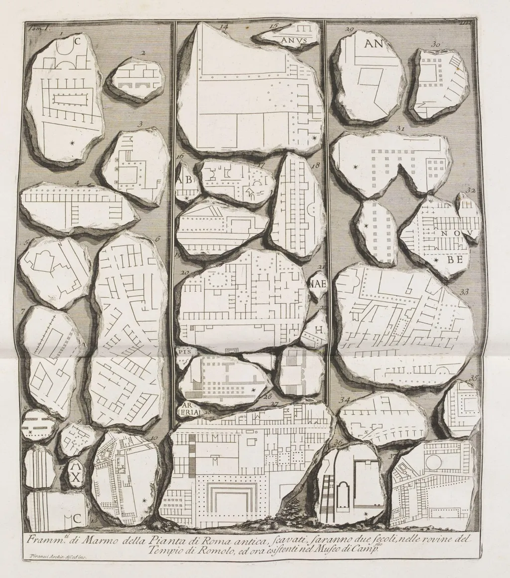 Fragments of the Marble Plan of ancient Rome (from the Severan Marble Plan), by Giovanni Battista Piranesi, 1756