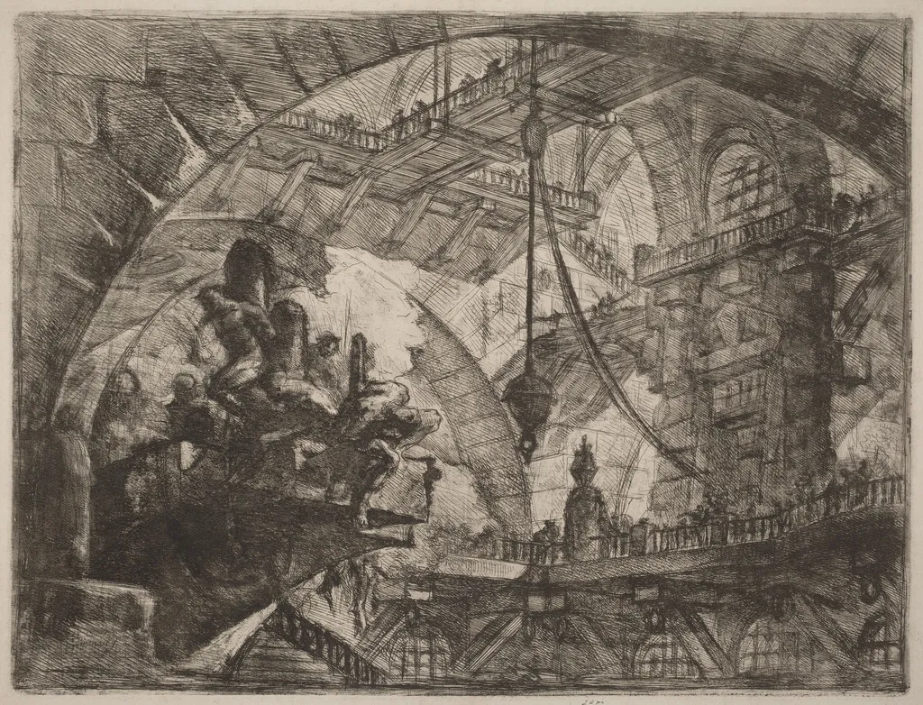 Prisoners on a Projecting Platform, by Giovanni Battista Piranesi, ink, 1754