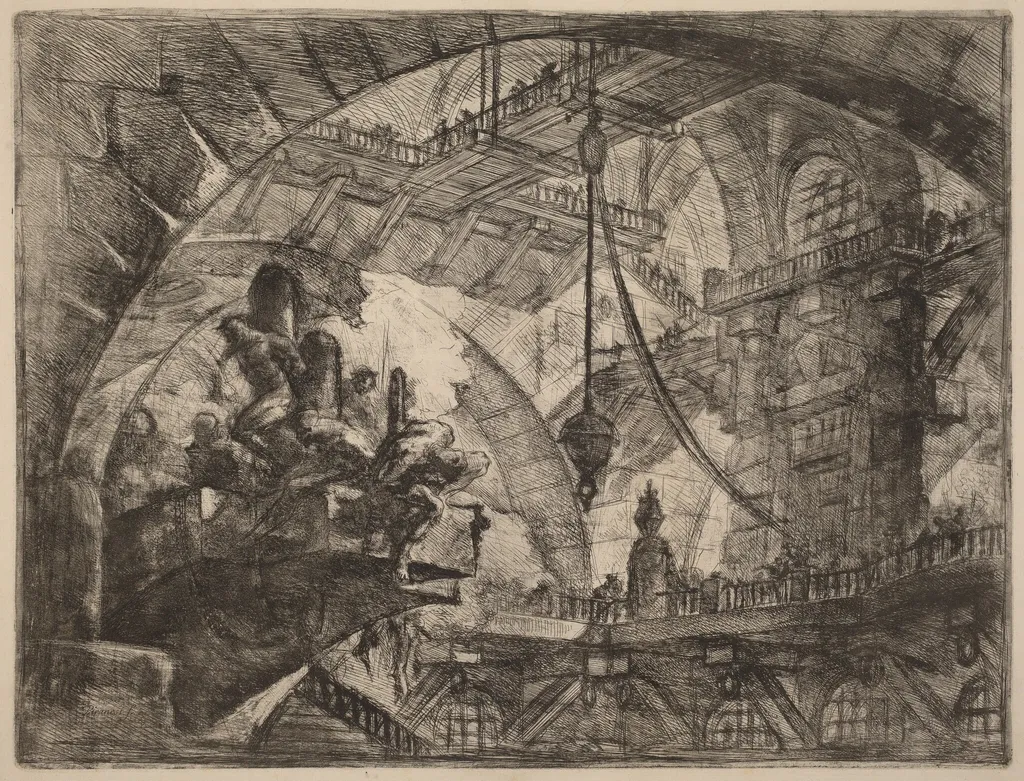 Prisoners on a Projecting Platform, by Giovanni Battista Piranesi, ink, 1750