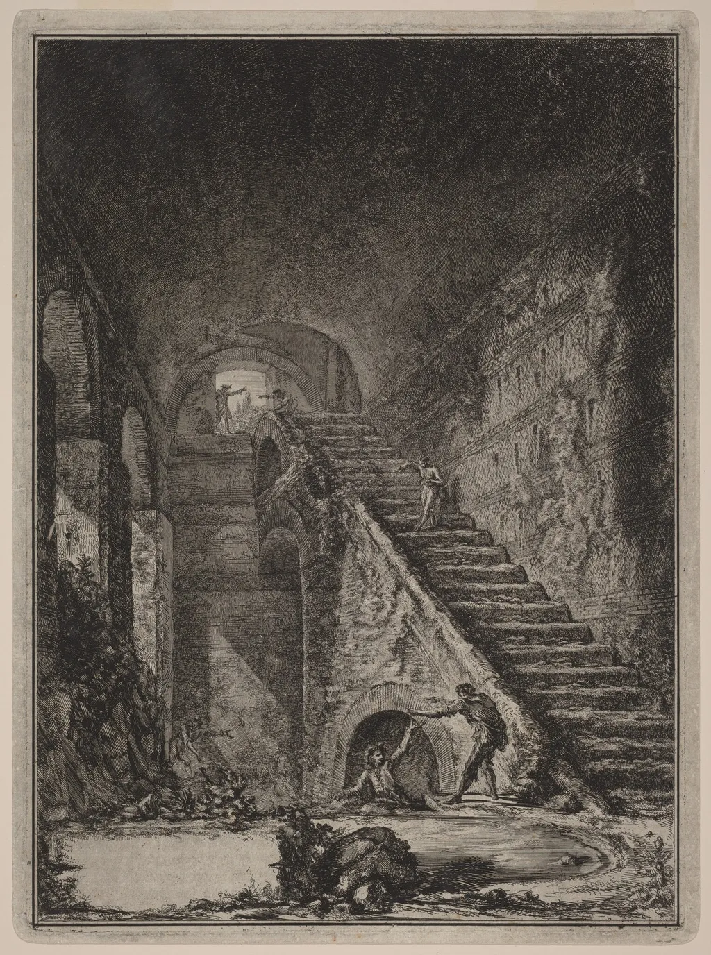 Prospettiva della Scala della conserva d'acqua de' già detti alloggiamenti, accennati in pianta nella Tav. XIII con la lett. G., by Giovanni Battista Piranesi, ink, 1764