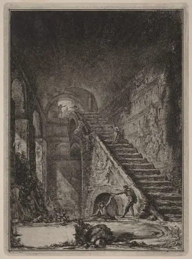 Prospettiva della Scala della conserva d'acqua de' già detti alloggiamenti, accennati in pianta nella Tav. XIII con la lett. G., by Giovanni Battista Piranesi