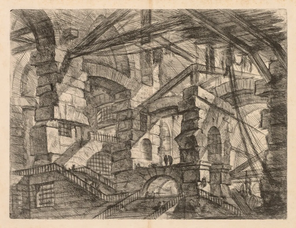The Prisons: A Perspective of Colonnades with Zig-Zag Staircase, by Giovanni Battista Piranesi, 1748