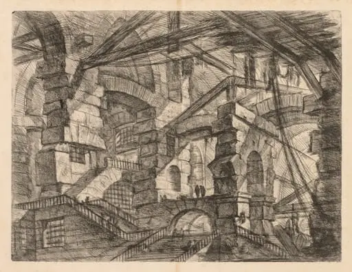 The Prisons: A Perspective of Colonnades with Zig-Zag Staircase, by Giovanni Battista Piranesi