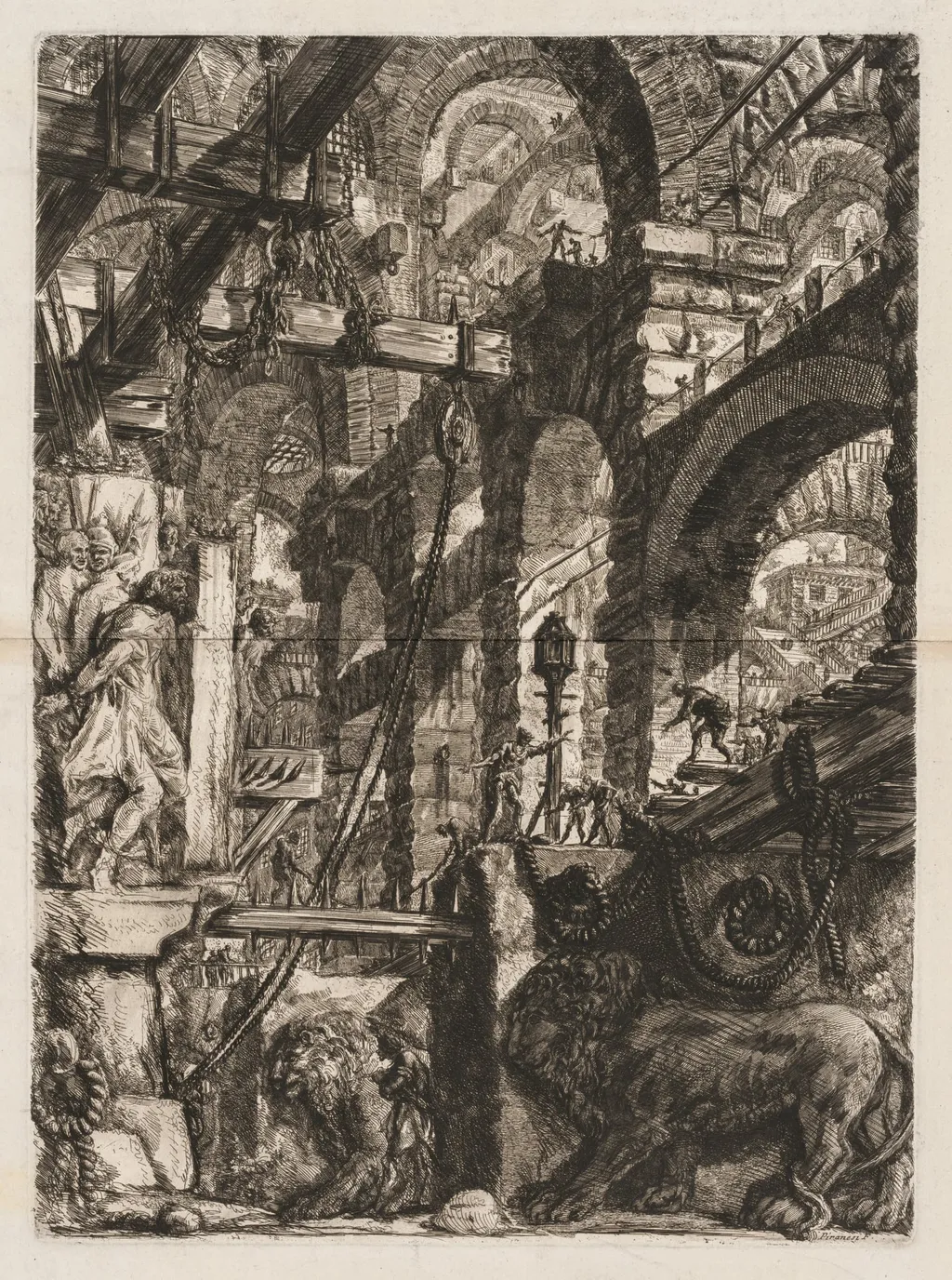 The Prisons: A Perspective of Roman Arches, with Two Lions Carved in Relief on Stone Slabs in the Foreground, by Giovanni Battista Piranesi, 1748