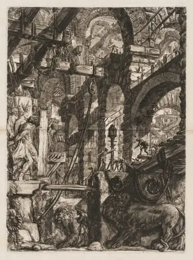 The Prisons: A Perspective of Roman Arches, with Two Lions Carved in Relief on Stone Slabs in the Foreground, by Giovanni Battista Piranesi