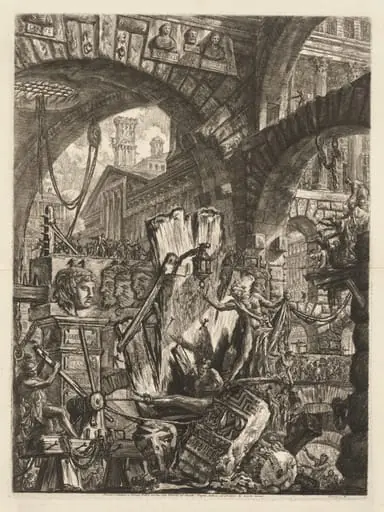 The Prisons:  An Architectural Medly, with a Man on the Rock in the Foreground, by Giovanni Battista Piranesi