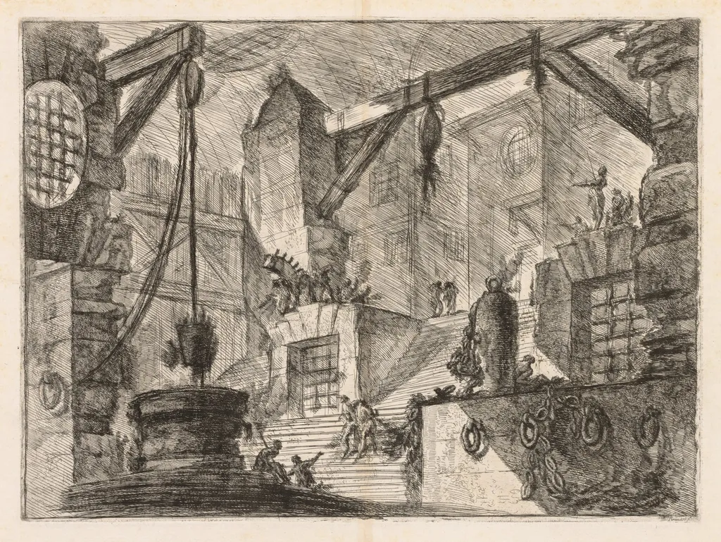 The Prisons: Colonnaded Interior with a Broad Stair, by Giovanni Battista Piranesi, 1748