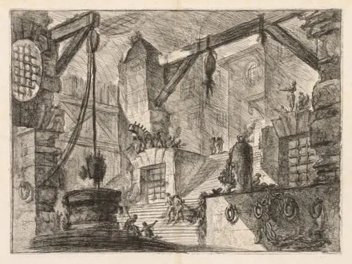 The Prisons: Colonnaded Interior with a Broad Stair, by Giovanni Battista Piranesi