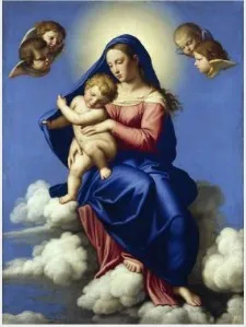 The Virgin and Child Seated in Clouds, by Giovanni Battista Salvi da Sassoferrato, oil, 1657
