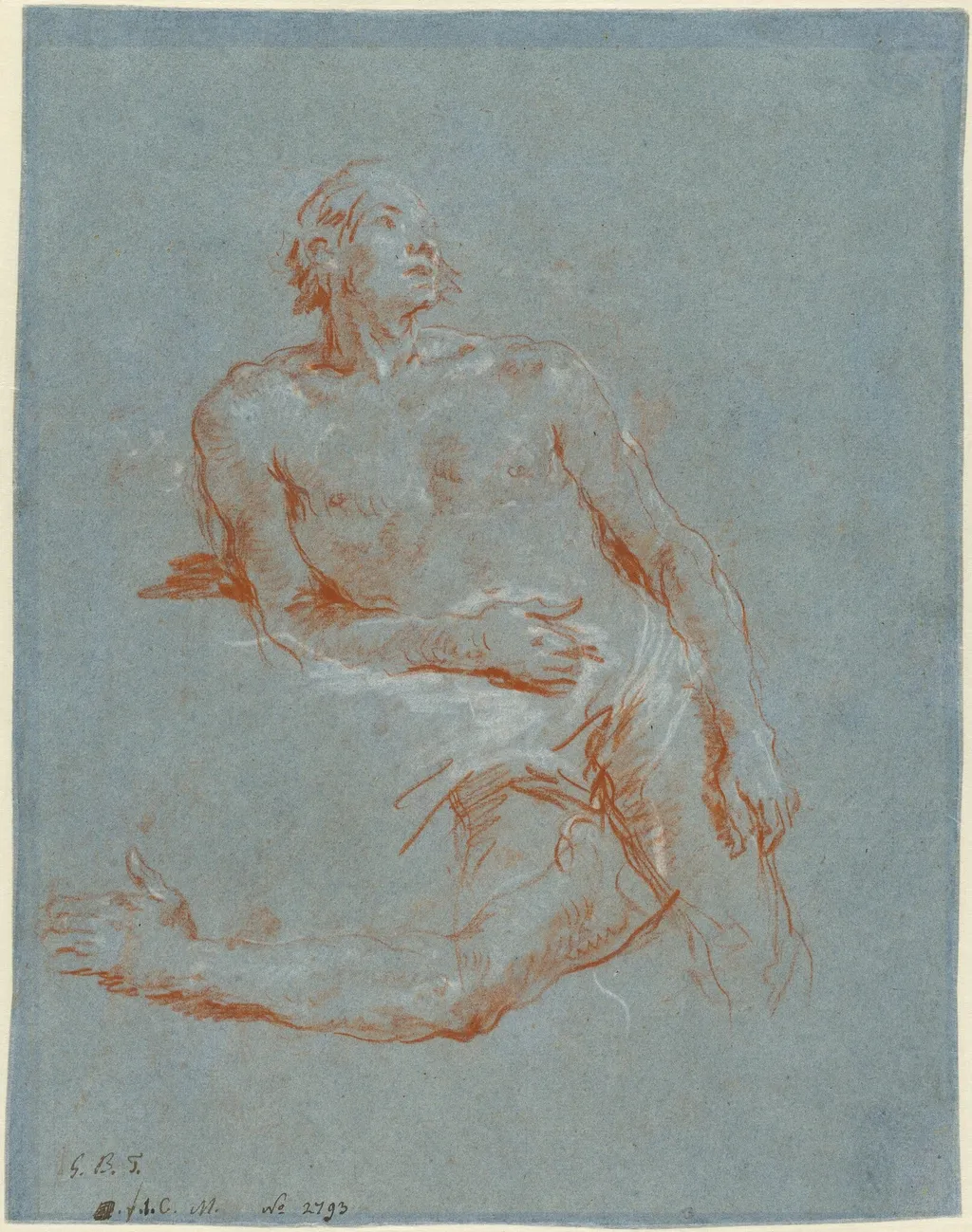 Male Nude Leaning on His Elbow (verso), by Giovanni Battista Tiepolo, chalk, 1752