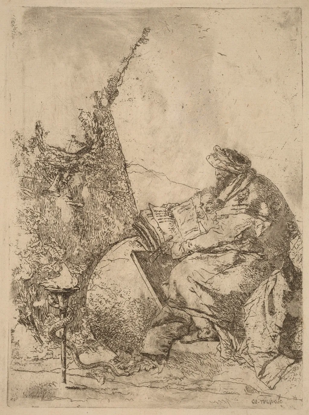 Philosopher Seated, with Globe, Book, and Compass, by Giovanni Battista Tiepolo, ink, 1733