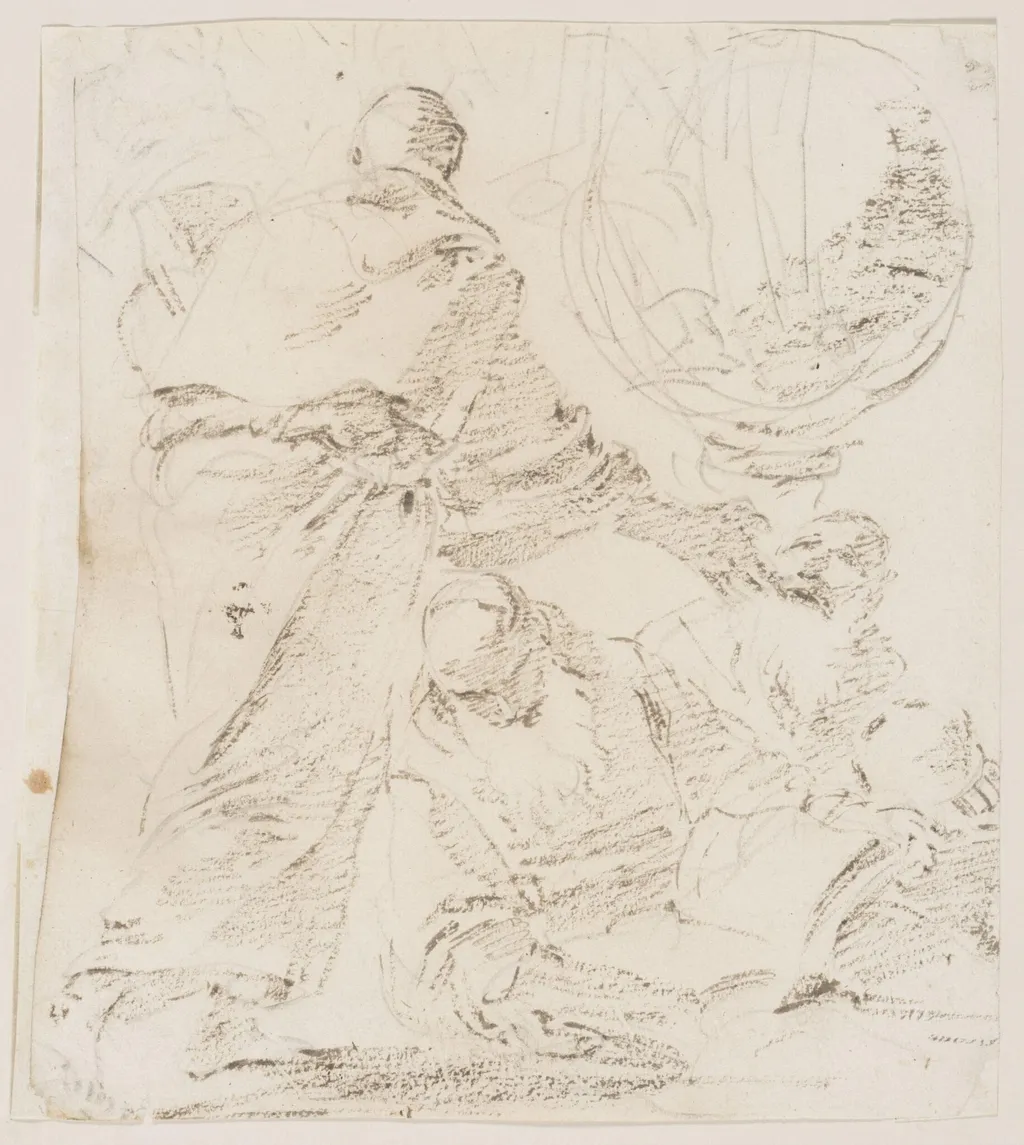 Recto: Three monks; verso: Slight sketch of a woman reclining, above: The lower portion of another figure, by Giovanni Battista Tiepolo, 1750