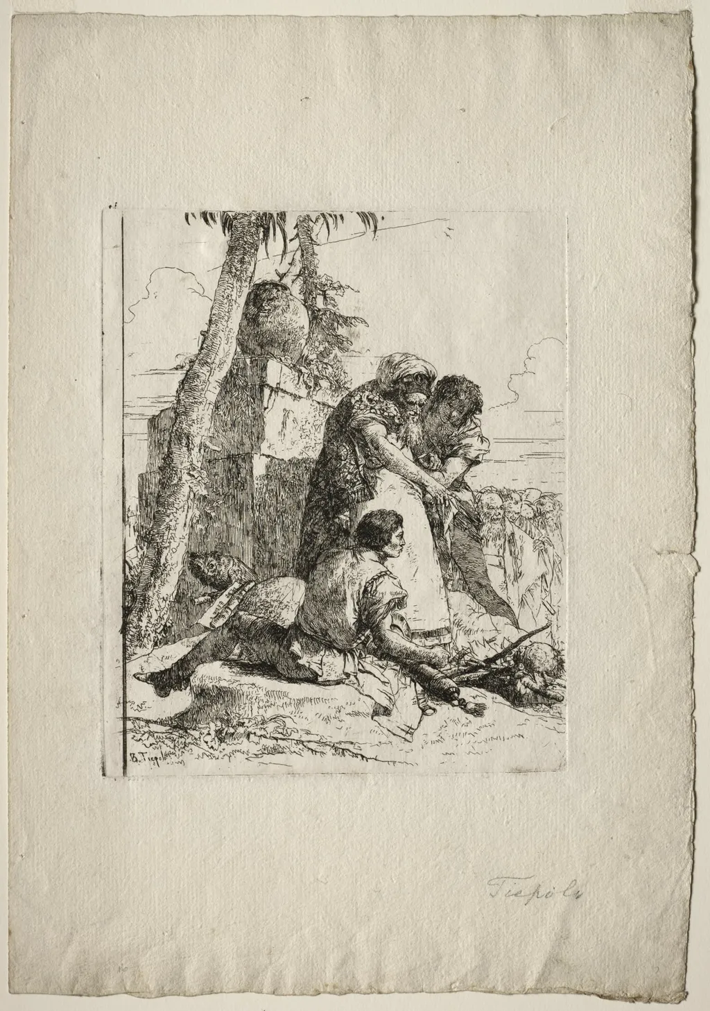 Scherzi di Fantasia: Magician Pointing Out a Burning Head to Two Youths, by Giovanni Battista Tiepolo, 1755