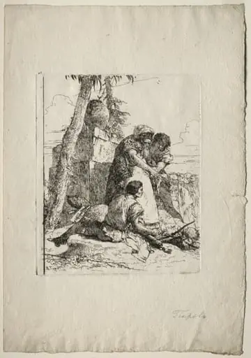 Scherzi di Fantasia: Magician Pointing Out a Burning Head to Two Youths, by Giovanni Battista Tiepolo