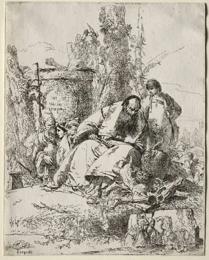 Scherzi di Fantasia:  seated Magician, boy and four figures, by Giovanni Battista Tiepolo