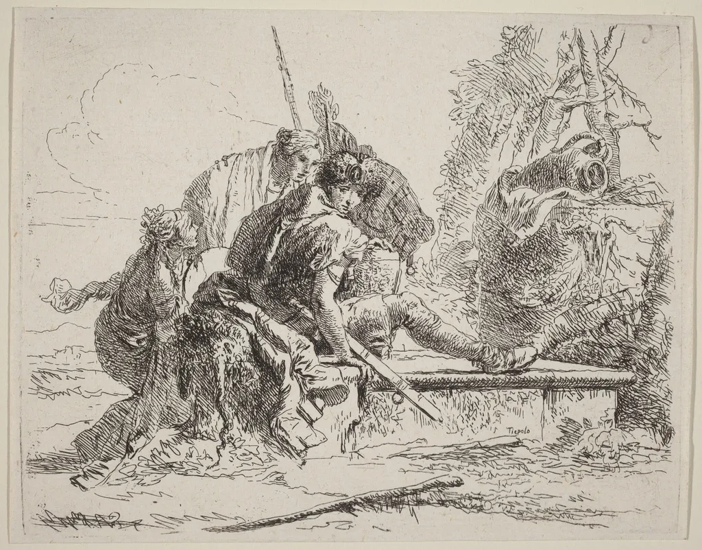 Soldier Seated on a Tomb with Surrounding Figures, by Giovanni Battista Tiepolo, ink