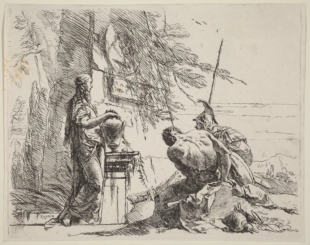 Standing Woman and Seated Men before an Obelisk, by Giovanni Battista Tiepolo, ink