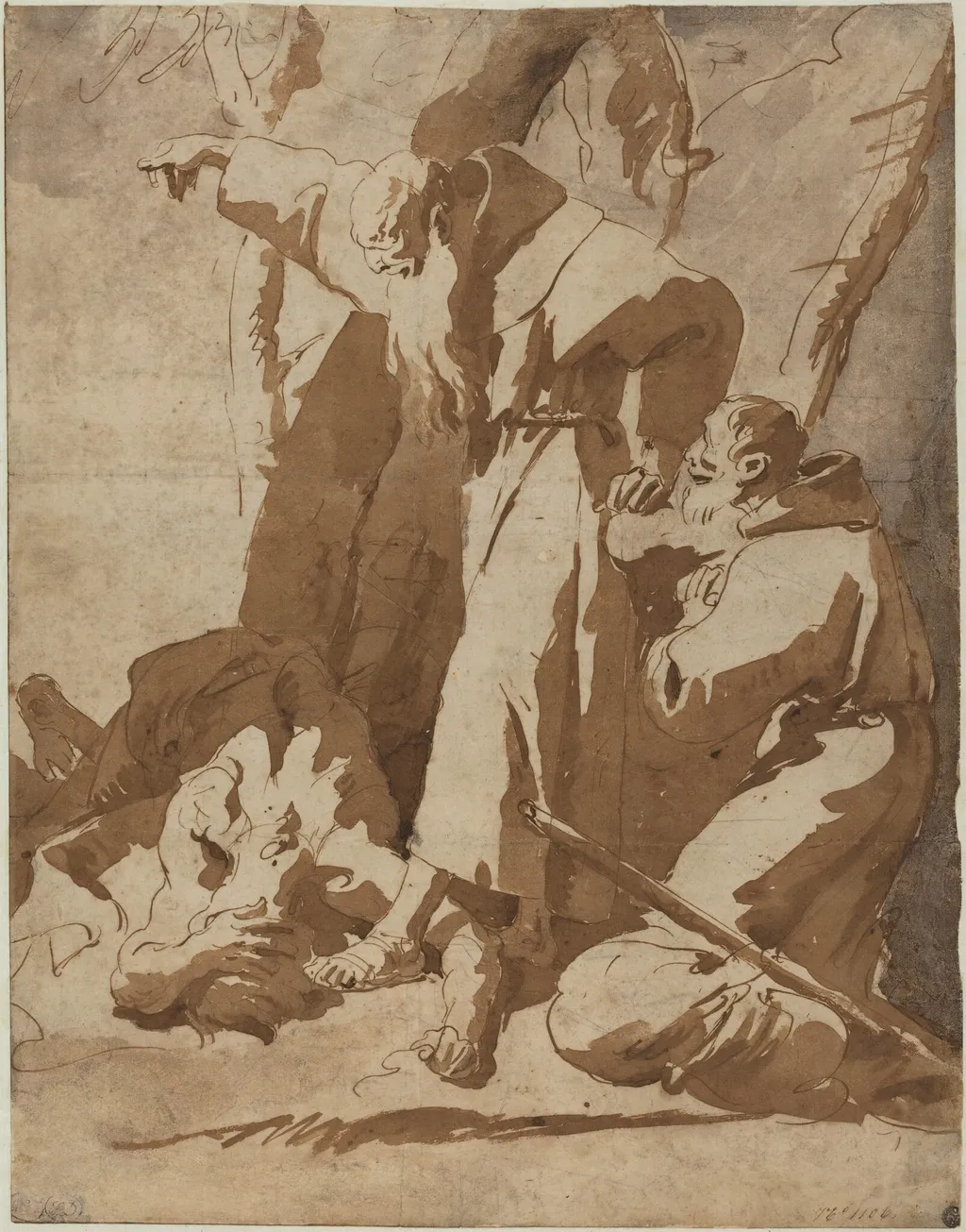 Two Monks with a Prostrate Man, by Giovanni Battista Tiepolo, ink, 1725