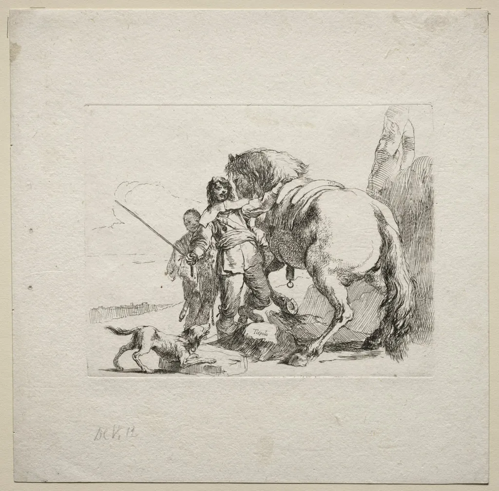 Various Caprices: The Cavalier Mounting his Horse, by Giovanni Battista Tiepolo, 1742