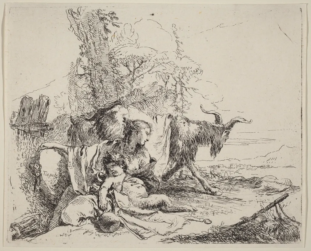 Woman, Satyr Child, and Goat in a Landscape, by Giovanni Battista Tiepolo, ink